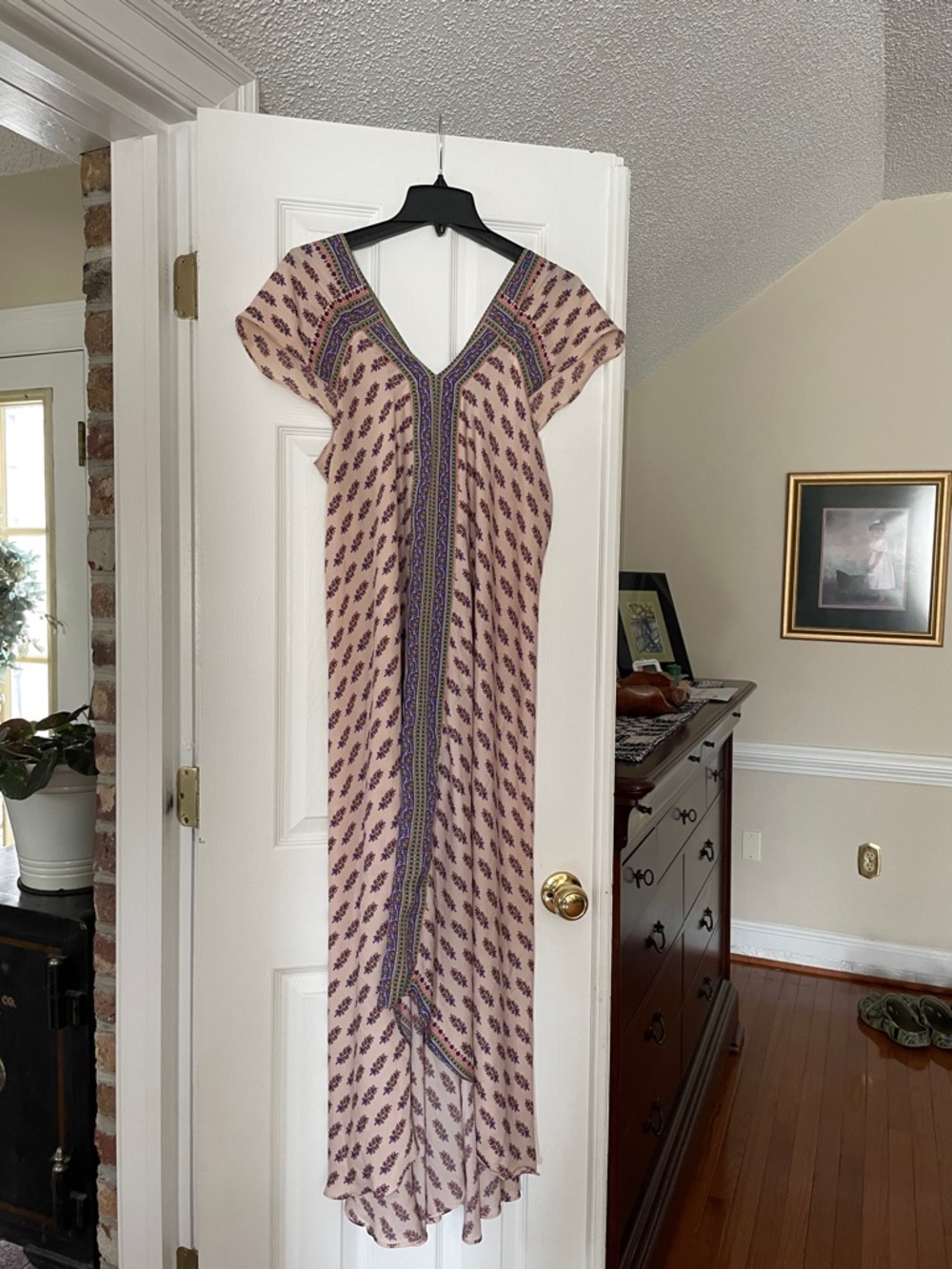 Soft Surroundings Pink and Purple Printed V-Neck Maxi Dress